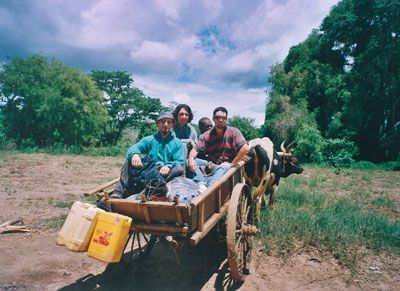 Madagascar - Gli eroi in partenza sul carretto trainato dalla zebù alla fine del viaggio in canoa